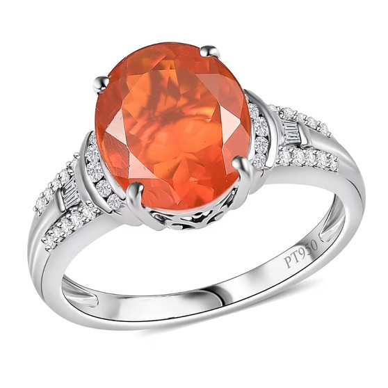 mexican fire opal and diamond ring in solid 950 platinum with rhodium finish