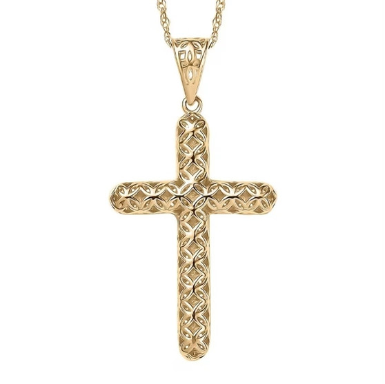 front view of spun gold 10k yellow gold cross pendant with woven openwork lattice pattern