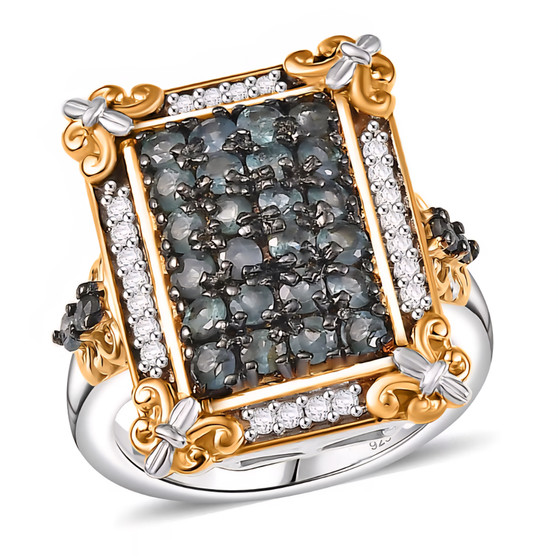 front view of indian alexandrite and white zircon fleur-de-lis cluster ring in 18k yellow gold and rhodium over sterling silver