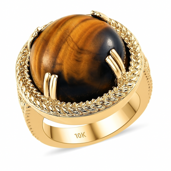 round tigers eye solitaire ring with braided bezel detail in solid 10k yellow gold