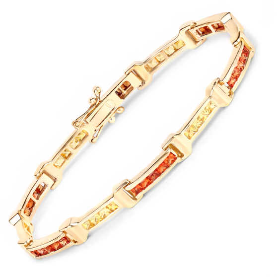 angled view of orange and yellow sapphire gradient tennis bracelet in 18k yellow gold over sterling silver
