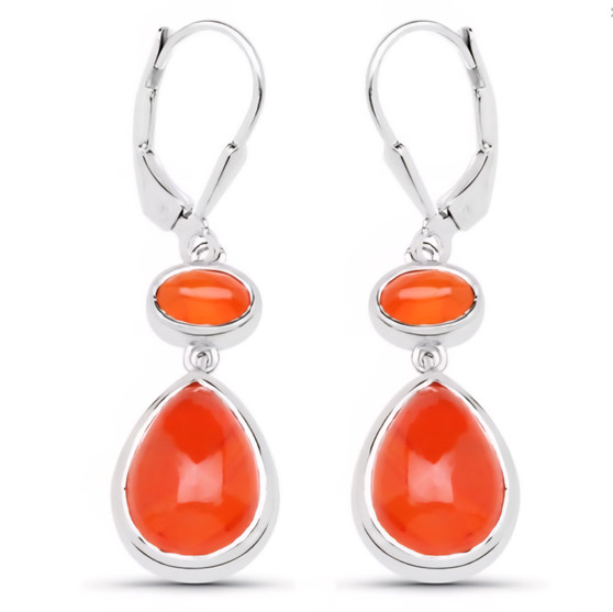 front view of carnelian bezel oval set drop lever back earrings in rhodium over sterling silver