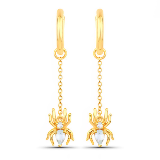 front view of sky blue topaz spider dangle earrings in 18k yellow gold over sterling silver