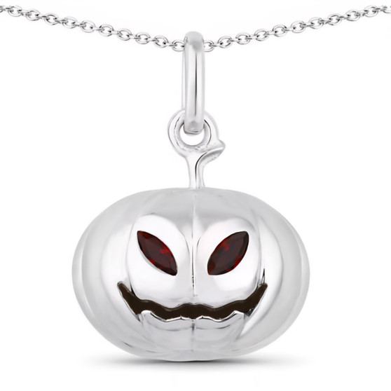 front view of 3d pumpkin garnet pendant in rhodium over sterling silver