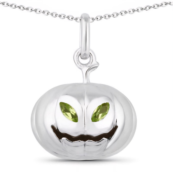 front view of 3d pumpkin peridot pendant in rhodium over sterling silver