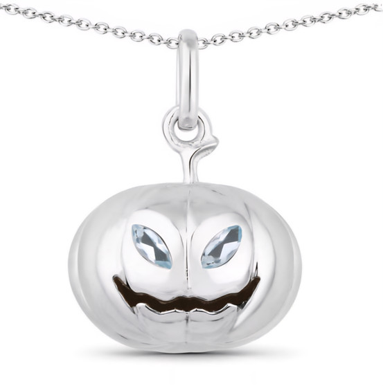 front view of 3d pumpkin sky blue topaz pendant in rhodium over sterling silver