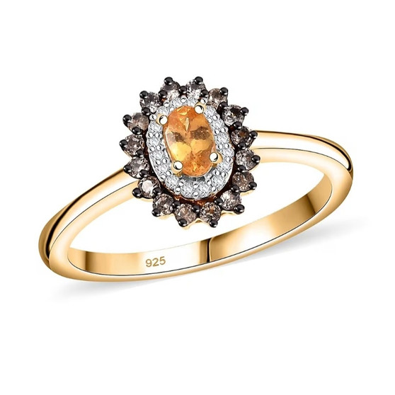 front view of spessartine garnet brown and white zircon double halo ring in 18k yellow gold over sterling silver