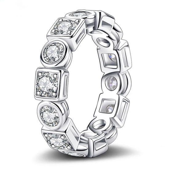 round moissanite eternity band ring in rhodium over sterling silver