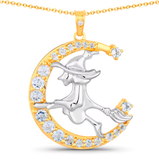 front view of flying witch and crescent moon two-tone pendant necklace with sky blue topaz and white topaz in 18k yellow gold and rhodium over sterling silver