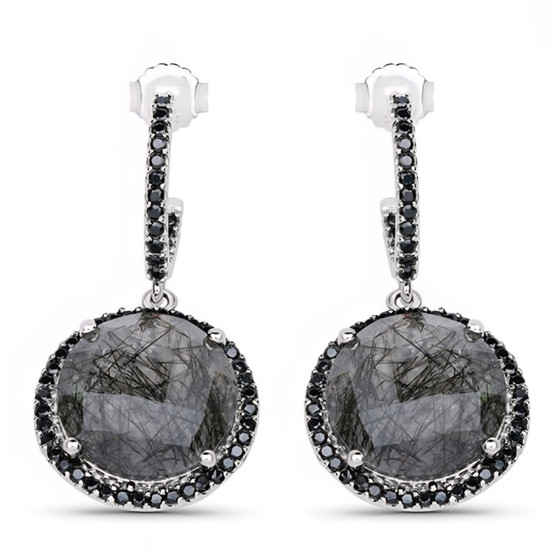 front view of tourmalinated quartz and black spinel halo drop earrings in rhodium over sterling silver