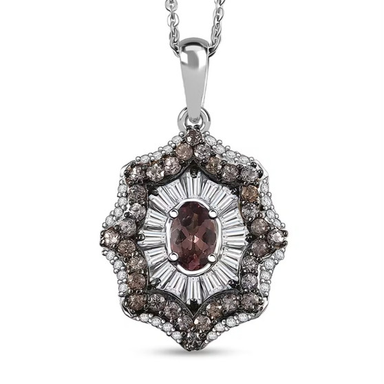 front view of color change garnet and white zircon deco inspired halo pendant necklace in rhodium over sterling silver