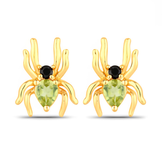front view of spider stud earrings with peridot and black spinel in 18k yellow gold over sterling silver