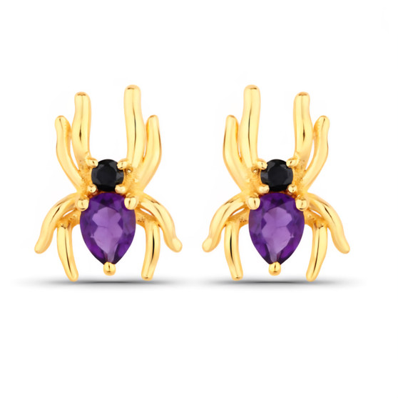 front view of spider stud earrings with amethyst and black spinel in 18k yellow gold over sterling silver