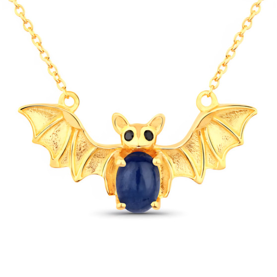 front view of bat necklace oval with sapphire and black spinel in 18k yellow gold over sterling silver