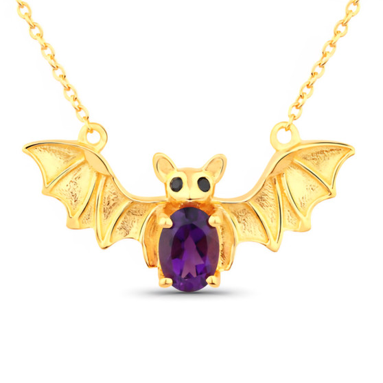 front view of bat necklace oval with amethyst and black spinel in 18k yellow gold over sterling silver