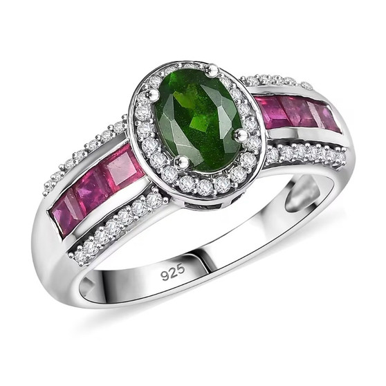 front view of chrome diopside ruby and zircon halo ring in rhodium over sterling silver