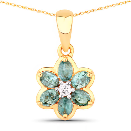 front view of alexandrite and diamond floral pendant necklace in solid 18k yellow gold