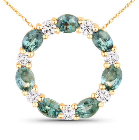 front view of alexandrite and diamond circle pendant necklace in solid 18k yellow gold