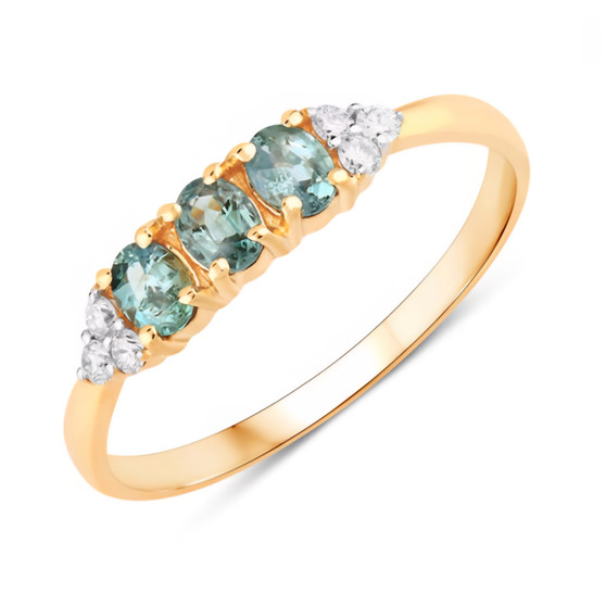 front view of alexandrite and diamond trilogy ring in solid 18k yellow gold