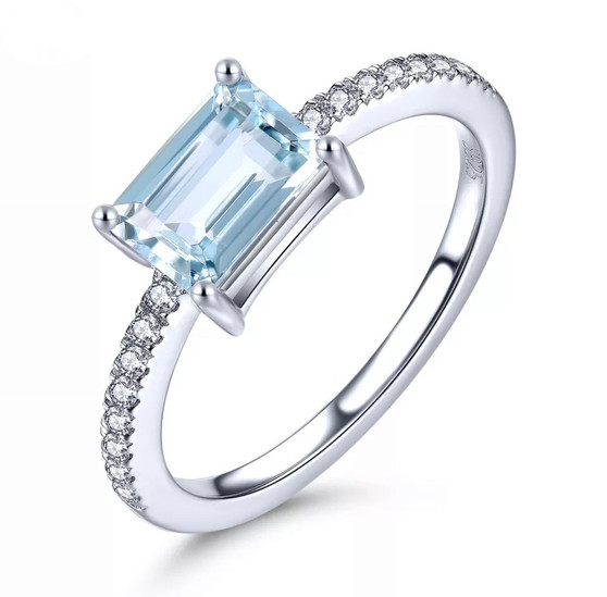 Aquamarine & White Zircon Emerald Cut Solitaire Ring in Rhodium over Sterling Silver 1.00ctw
