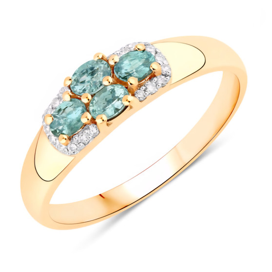 front angled view of alexandrite and diamond quad cluster ring in 18k yellow gold showing oval color change gemstones in double row halo design