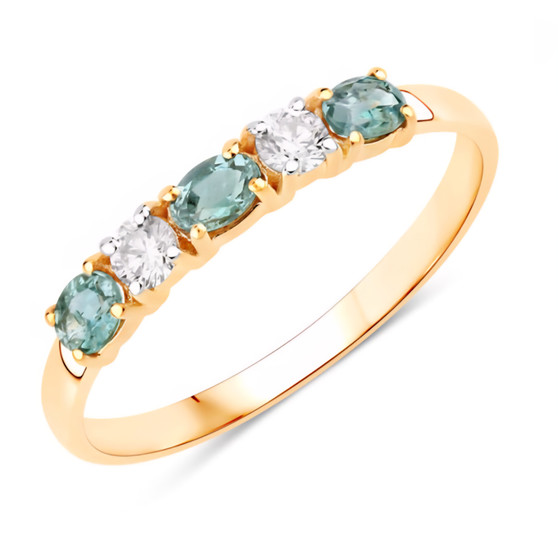 front view of alexandrite and oval diamond five-stone ring in solid 18k yellow gold