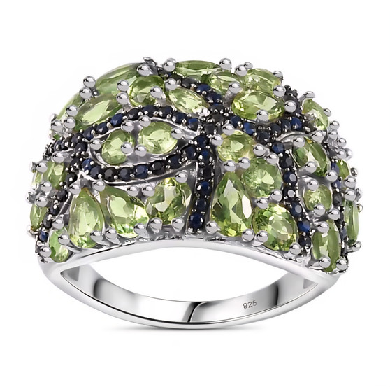 front view of green apatite and blue sapphire ring in rhodium over solid 925 sterling silver
