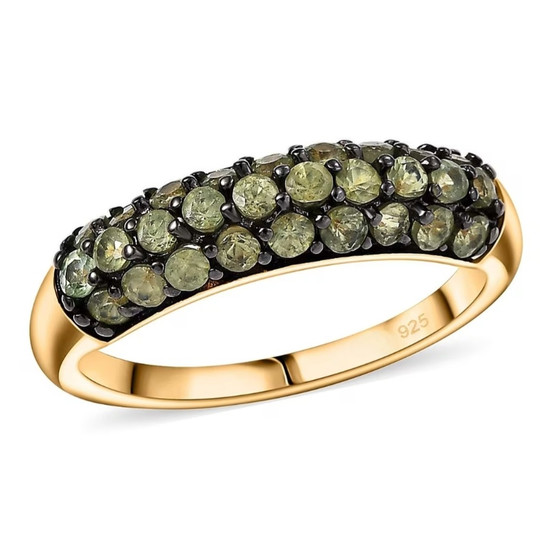 front view of demantoid garnet cluster band ring in 18k yellow gold and black rhodium over sterling silver