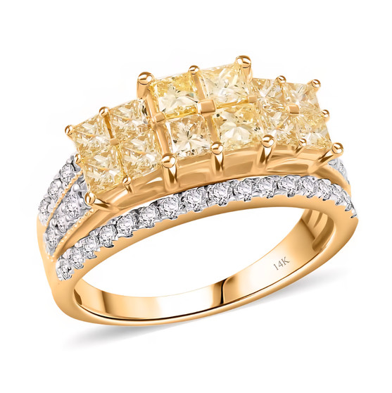 front angled view of yellow and white diamond princess cluster ring in solid 14k yellow gold with square cut diamonds