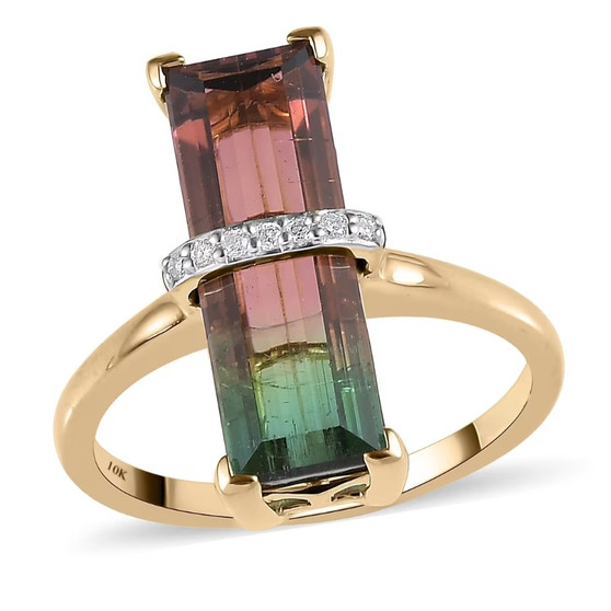 front angled view of the watermelon tourmaline and diamond ring in 10k yellow gold featuring a bicolor tourmaline with pink and green tones accented by diamonds