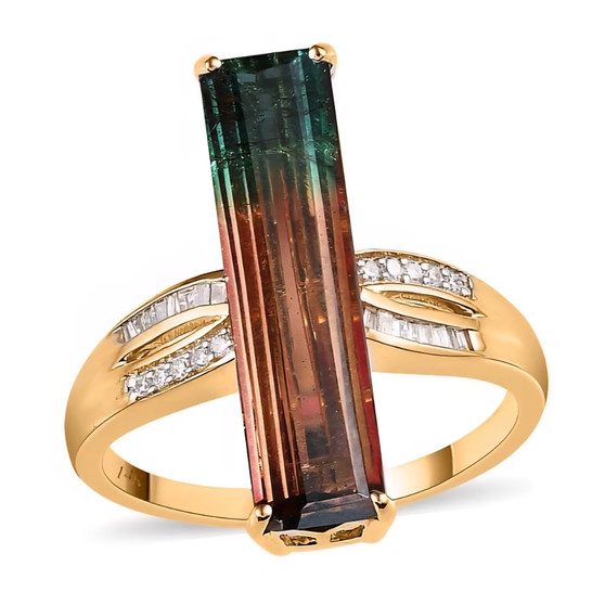 front view of the watermelon tourmaline and diamond ring in 14k yellow gold featuring a long rectangular bicolor gemstone accented by diamond inlay shoulders