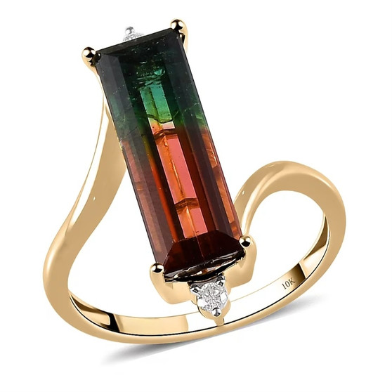 front angled view of the watermelon tourmaline and diamond bypass solitaire ring in 10k yellow gold featuring elongated pink to green gemstone with diamond accents