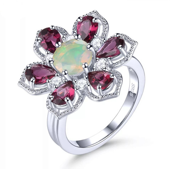 opal and rhodolite garnet flower ring in rhodium over sterling silver