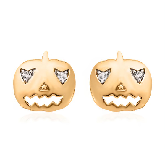 front view of pumpkin stud earrings with white zircon in 18k yellow gold over 925 silver