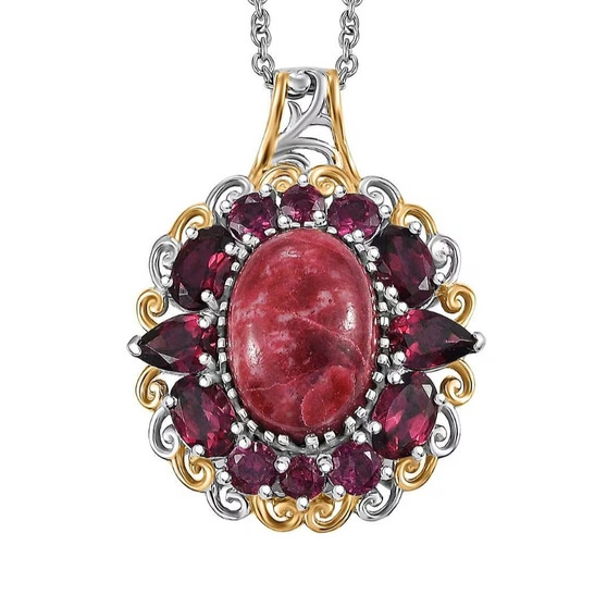 front view of thulite and cabochon rhodolite halo pendant necklace in two-tone 18k yellow gold and rhodium over sterling silver