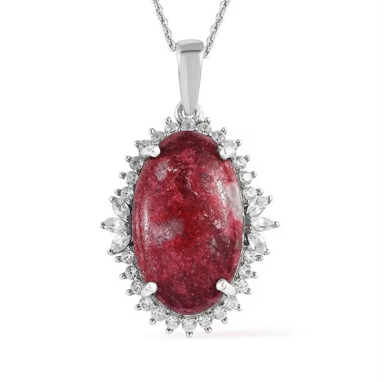 front view of thulite and cabochon white zircon oval halo pendant necklace in rhodium over sterling silver
