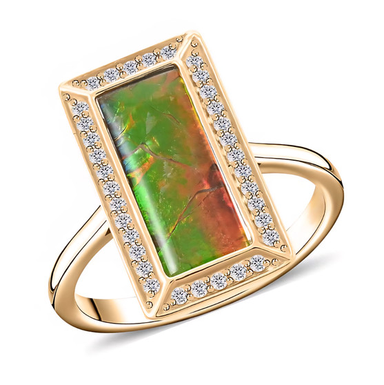 front view of canadian ammolite and diamond rectangle halo ring in 10k yellow gold showing red green and orange color play
