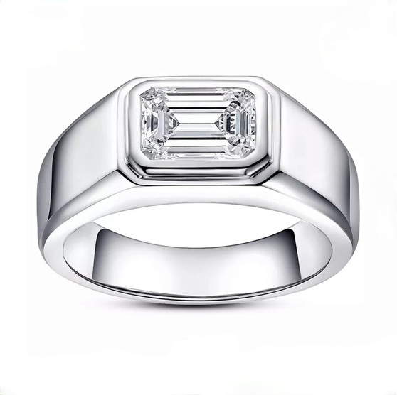 mens emerald cut moissanite solitaire ring rhodium over sterling silver