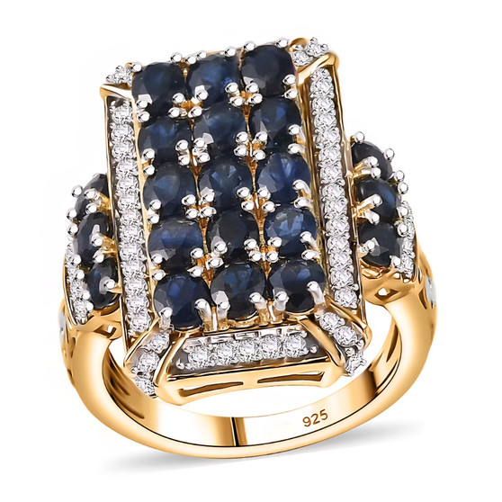 front view of sapphire and white zircon art deco cluster ring in 18k yellow gold over silver