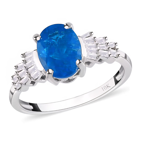 front view of neon apatite oval and diamond baguette ring in 10k white gold