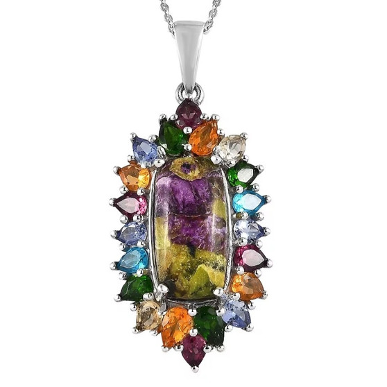 front view of atlantisite and cabochon multi gem halo pendant necklace in rhodium over sterling silver