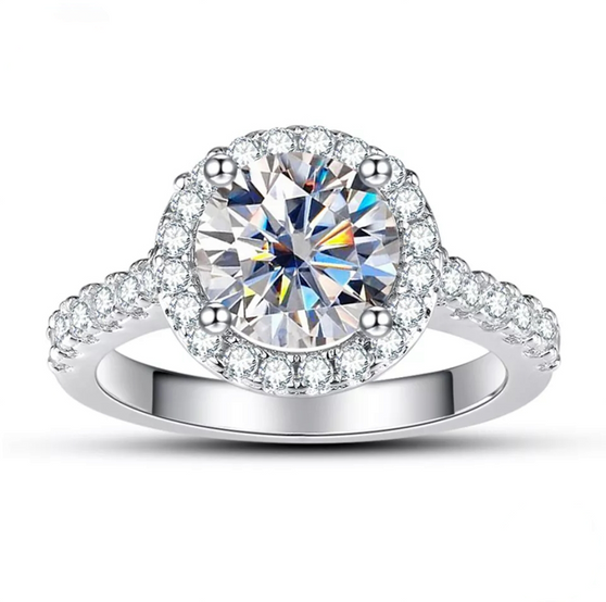 round halo moissanite ring in rhodium over sterling silver