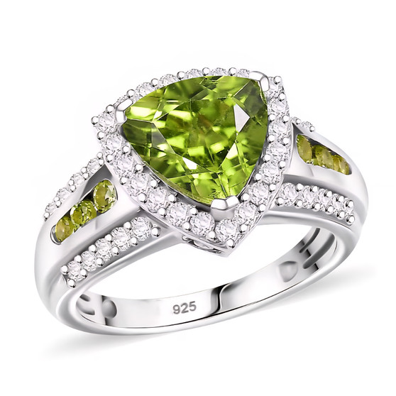front view of peridot and white zircon trillion halo ring in rhodium over sterling silver