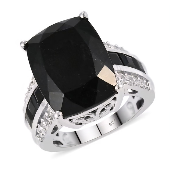 front view of black tourmaline black spinel and white zircon ring in rhodium over sterling silver