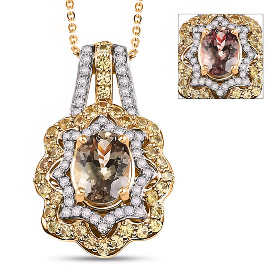 front view of turkish diaspore pendant necklace with yellow sapphire and moissanite in two-tone 18k yellow gold and rhodium over sterling silver
