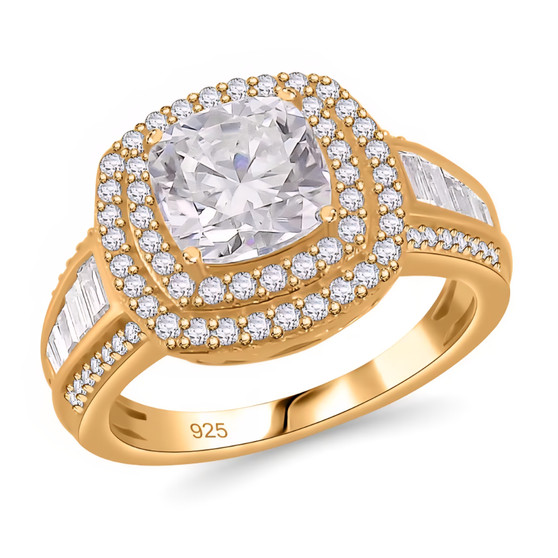 front view of moissanite double cushion halo ring with baguette accents in 18k yellow gold over sterling silver
