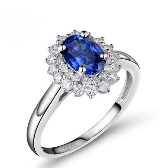 sapphire and diamond double halo ring in 14k white gold