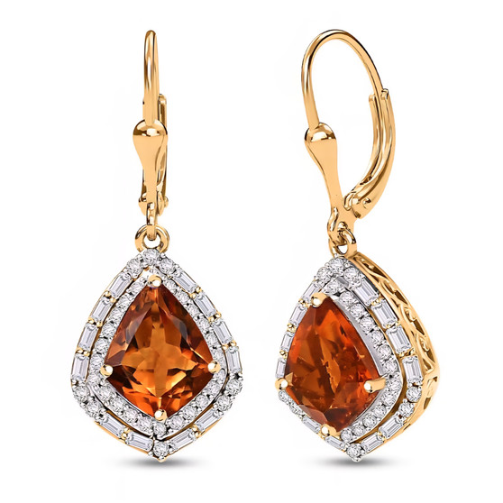 front view of madeira citrine kite cut dangle earrings with moissanite halo and baguette accents in 18k yellow gold over sterling silver