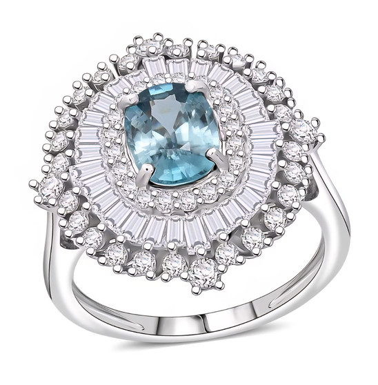 front view of blue zircon halo ring with moissanite baguette and round accents in rhodium plated sterling silver front view of blue zircon halo ring with moissanite baguette and round accents in rhodium plated sterling silver