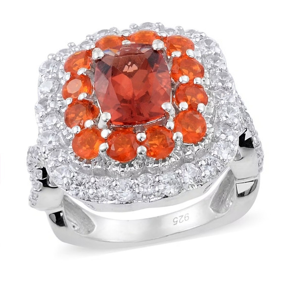 front view of red andesine labradorite fire opal and zircon halo cluster ring in rhodium over sterling silver